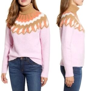 J Crew Fair Isle Turtleneck Supersoft yarn Pink Brown Holiday Alpaca Wool Size S